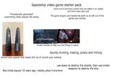 Spaceship video game starter pack "Procedurally generated" (everything looks exactly the same) Some kind of gimmicky system that was added in an update and never really gets used The game engine cant handle the earth so its left out of the games plot entirely screen overlay to help you find things in space bounty hunting, trading, piracy and mining ancient alien spieces that makes s--- out of smooth gray material use lasers to destroy the shields, then use kinetic weapons to destroy the ship Was kinda popular 10 years ago, nobody plays it anymore