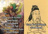 Guan Yu in Fiction: -Red Faced Long Beard -Over 6ft Tall -Crimson Phoenix Eyes -Green Robes Guan Yu in History: -Cool Beard