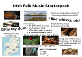 Eyes Irish Folk Music Starterpack The chorus is pretty random, if it forms any sentences at all I like whisky, oh! Insert dark humour, I went away... ⚫ to distil illicit alcohol perhaps a bit crude Dilly lay dum and my love died These places are mentioned: ⚫after I got a girl pregnant • a hundred miles or more Be it a sad ballad or cheerful and fast 0 0 the lyrics may leave you aghast ARE YOU DRUNK? ☐ YES Song was written by a Scotsman in England and made popular by an American Hair ☐ NO