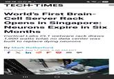 09:16 TECH-TIMES HOME > TECH > COMPUTERS 87 World's First Brain- Cell Server Rack Opens in Singapore: Neurons Expire in Six Months Cortical Labs CL1 wetware rack draws 1,000 watts total; no data center was built to replace dying neurons By Mark Rutherford Published: Aug 17 2026, 6:58 AM EDT f X in ||| <