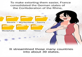 To make extorting them easier, France consolidated the German states of the Confederation of the Rhine, Bavaria Württemberg Saxony Westphalia Baden Hesse It streamlined those many countries into about 30 states.