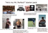 "He's my Mr. Perfect!" starter pack drives this Tepidly agrees to whatever rustic and chique venue she wants to do for the wedding. Doesn't seem that excited either way. Brings in a reliable 55-75k a year at some sales/business related job Most of his political opinions and historical knowledge comes from JRE and JRE adjacent podcasts Named Chet, Adam, Carter, Benny Plays golf with the guys Doomed to spend every in his free time Enough muscle to be seen as "manly" even after years of beer and chips. Tries to always present as a jock despite being 31 and out of school. vacation in Florida with his wife who will drink sugary cocktails and watch him get sunburnt on the beach