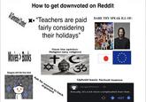 A Generated Content How to get downvoted on Reddit Movies Books "Teachers are paid fairly considering their holidays" Have the opinion: Religion (any religion) 十二 35 DARE THY SPEAK ILL OF: Disagree with the hive mind Ask for sources to back argument Uphold basic factual nuance u/LogicalPerson 3h Actually, it's a bit more complicated than that... -427