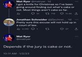 Mat Ryer @matryer. 1d I got a knife for Christmas so I've been going around finding out what's cake or not. Most things aren't cake so far. 山 51 718 11.4K 1 Jonathan Schneider @jGschnei.... 1d Pretty sure this excuse will not hold up in a court of law. 2,145 1 2z ♡ 27 ↑ Mat Ryer @matryer Depends if the jury is cake or not. 10:11 AM 1/2/23