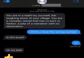 7 +1 (973) 5 iMessage Sun, Feb 20 at 6:07 PM You are in a realm by yourself, the laughing stock of your village. You are a comedic vessel that has no port or harbor, a joke of a wanderer with no destination. Is this brad? I think u have the wrong number ok my bad no Delivered