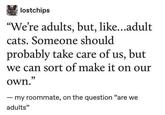 lostchips "We're adults, but, like...adult cats. Someone should probably take care of us, but we can sort of make it on our own." - my roommate, on the question "are we adults"