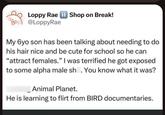 Loppy Rae II Shop on Break! @LoppyRae My 6yo son has been talking about needing to do his hair nice and be cute for school so he can "attract females." I was terrified he got exposed to some alpha male sh. You know what it was? Animal Planet. He is learning to flirt from BIRD documentaries.