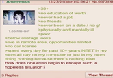 Anonymous 1.85 MB GIF >30+ 12/27/21(Mon)10:56:21 No.6673146 >no education of worth >never had a job >no friends >never been on a date / no gf >physically and mentally ill >poor >below average looks >live in remote area, opportunities limited >no car license >spent every day for past 10+ years NEET in my room all day on my computer or just in my room doing nothing because there's nothing else How does one even begin to escape such a hopeless situation? 3 Replies View Thread