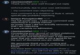 r/pureasoiafart MOD 16:07 Thank you for your well thought-out reply. Unfortunately, due to your own admission: | my comment was nitpicking Your comment is a violation of Rule II, which specifically prohibits nitpicking. Unique-Perception480 16:41 The full quote was,, I said my comment was nitpicking in a joking manner....". Its pretty clear I did not actually seriously say that I am nitpicking. It was certainly no admission. r/pureasoiafart MOD 17:45 Considering your record of various violations of our rules, including prior modmail discussion and temporary ban, it has become clear that our subreddit is not a good fit for the sort of discourse you are seeking. We genuinely thank you for visiting and participating, and we wish you the best in the future. You have been temporarily muted from r/ pureasoiafart. You will not be able to message the moderators of r/pureasoiafart for 28 days.