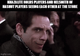 KHAZALITE HOLDS PLAYERS AND HELSMITH OF HASHUT PLAYERS SEEING EACH OTHER AT THE STORE imgflip.com