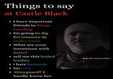 Things to say at Castle Black . I have important friends in Kings Landing • Im going to dig for treasure in moles town • What are your intentions with Satin? sell me this boiled leather i hate bastards • Im cold • Greyguard? I hardly know her @3927elianor3927