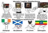 Heretic Legion Subfactions Angry ghosts abandoned by both heaven and hell drunk driving a tank Drippiest faction in the game, worship the only competent Arch Devil The drowned dead singing unholy sea shanties led by a siphonophore made of human corpses New Antioch Subfactions Entire army of Michael Myers in power armor who wrestle sharks for fun and can smell your soul Ireland Scotland Prussia Ethiopia imgmp.com