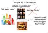 Taking the Bulk too far starter pack Thinking they are 18-20% body fat, when they are 25-30% and are 30-40 pounds away from being "BMI doesn't matter" NORM OVERWEIGHT 25.0- 29.9 OBESE 30.0- 34.9 BMI OBESE EXTREMEL 15.0 lean Counting Calories A "good" meal because its high protein Not realizing they would look more muscular/bigger if they lost weight
