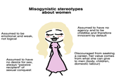 Misogynistic stereotypes about women Assumed to be emotional and weak, not logical Assumed to have no agency and to be childlike and therefore innocent by default Assumed to have no desire for sex, always "passive recipient" of sexual conquest Discouraged from seeking a career, her value comes from what she can give to men (body, children, domestic labour)