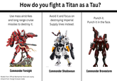 How do you fight a Titan as a Tau? Use mass airstrikes and long range cruise missiles to destroy it. Avoid it and focus on destroying Imperial Supply lines instead. Punch it. Punch it in the face. Commander Farsight Commander Shadowsun Commander Bravestorm Models from: Official Warhammer Store and Joytoy Artwork from: Farsigt Enclaves Codex