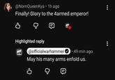 @NornQueenKya • 1h ago Finally! Glory to the 4armed emperor! B Highlighted reply @officialwarhammer 49 min ago May his many arms enfold us. в