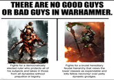THERE ARE NO GOOD GUYS OR BAD GUYS IN WARHAMMER. Fights for a democratically elected ruler who protects all of his subjects and takes in those from all dynasties without prejudice or bigotry. imymp.com Fights for a brutal hereditary feudal hierarchy that views the lower classes as expendable and kills fellow necrontyr over petty dynastic grudges.