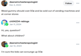 deanwinchesterapologist Dec 4, 2023 Follow Weed gummy should cost 50¢ and be sold out of vending machines and at corner stores chill4234-reblogs Jan 11, 2024 Hi, yes, question? What about children? deanwinchesterapologist Jan 12, 2024 I'm sure the kids can scrounge up 50¢