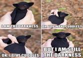 I AM THE DARKNESS OH, YOU WANT CUDDLES? BUT I AM STILL OK, I GIVE CUDDLES THE DARKNESS
