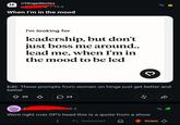 H r/HingeStories •15 d When I'm in the mood I'm looking for leadership, but don't just boss me around.. lead me, when I'm in the mood to be led 3 Edit: These prompts from women on hinge just get better and better 39 в 24 15 d Went right over OP's head this is a quote from a show Antworten Voten A