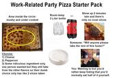 Work-Related Party Pizza Starter Pack Area inside the circle: mushy and under cooked Room-temp 3 Liter bottle Show up 2 minutes late and there's only no crust slices Awkward silence Someone: "Will anyone please take the rest of this home?" Choices: 1) Cheese 2) Pepperoni 3) Some ridiculous ingredient only one person wanted but they still take from the other flavors so their dumb choice only has like 2 slices taken You: Wanting to but you'd rather keep hiding that you'd normally eat half of it yourself.