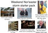 Weekend Nor'easter storm starter pack R.I.P. your outdoor furniture News reporters standing in flood water Every scammy roofer and tree trimmer in a 200 mile radius Naranjadas Nectares Agua embotellada 54 Agua sab 090 grocery store at 5pm on Friday no power for 2 days (next street over is completely fine) people panicking like this doesn't happen every year