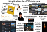 Being Ukrainian since 2022 starter pack Telling someone you're Ukrianian I'M SORRY "Is your family dead?" "At least you're THAT SUCKS! not there!" Haven't heard from many homeland friends in months Looking up your hometown Google kryvyirih ukraine Kryvyi Rh-Wikipedia W Wikipedia Kryvyi Rih- the Steel Heart of Ukraine Three killed, 38 injured in Russian atta Al Jazeers ArcelorMittal Krywi Rh. Ukraine- B Bankwatch Russian missile hits Ukrainian Presiden PBS Russian attack on Zelensky's home cit Russia launches deadly air strike on.. Kryvyi Rih EBRD Green Cities strike kills at least 11 in. Historical centre of Kryvyi Rih- Kryvyy Rih | Industrial City, Iron Ore Ukraine's Kryvyi Rih mourns victims of.. ON Several people killed and dozens injur Kyiv Says Three Killed in Russian Missil (B Bloomberg.com Ukraine says Russia killa 19 in Kryvyi….. Reuters Russian Missile Hits Kryvyi Rth in.. The New York Times Kryvyi Rih metropolitan area- Wikipedia wwikipedia Cityscape Kryvyi Rih Ukraine Downtow Shutterstock I'm m on on your side "AKTSHUALLY russia is right and Putin is based" Looking up your country Google ukraine Top stories Customize Euronews At least six people killed in Russian strikes on Ukraine over past day 6 minutes ago News about drones Ukraine WSJ Overwhelmed by Ukraine's Drones, Russia Tells Businesses to Defend... 8 hours ago Also in the news ABC News - Breaking News, Later The blockade is complete': Locals flee occupied south K The Kyiv Independent Russian attacks kill 6, injure 45 across Ukraine as Kyiv faces second day of nonsto.. 2 hours ago # Межа. Новини України. Russian Forces Attack Road in Odesa District, Three People Injured 4 minutes ago The Washington Post Ukraine weighs legalizing p---------- to raise tax revenue and buy drones 18 hours ago # Межа. Новини України. Ukrainian Fans Unfurl Save Oleshky Banner During Win × Q Ukraine Country in Europe | Ukraine is a large country in Eastern Europe bordered by Russia to the east and north- Show more Family chat with photos of destroyed family property and obituaries Some fake being Ukrainian for internet points 2,233 "As a ukrinian" fell out of touch with russian friends Panakhyda or sitting Shiva every few months for lost family & friends