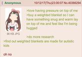 Anonymous 96 KB JPG 10/12/17(Thu)23:00:07 No.40366294 >love having pressure on top of me >buy a weighted blanket so I can have something snug and warm lay on top of me and feel like I'm being hugged >do more research >find out weighted blankets are made for autistic kids oh no