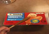 Jimmy Dean PANCAKES & SAUSAGE STICK! ON A pancake batter covering a sausage link Original 5 STICKS NET WT 12.5 OZ (3540) 250 4410 PROTEIN 6g PER SERVING WIFFLE SICTOWASAILE INLANDED 10 SHOW DETAIL FULLY COOKED KEEP FROZEN