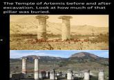 The Temple of Artemis before and after excavation. Look at how much of that pillar was buried.