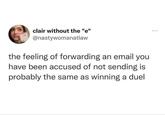 clair without the "e" @nastywomanatlaw the feeling of forwarding an email you have been accused of not sending is probably the same as winning a duel PAY