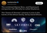 westerosies @westerosies Follow The combined Warner Bros. and Paramount companies will officially be called Skydance. The 'Game of Thrones' universe is now in the hands of the Ellison family, led by David Ellison. HBO max Paramount DC SKYDANCE CANN nickelodeon Paramount+ CBS