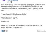 PING 2h • my website Was interviewing someone recently. Strong CV, soft skills and seemed like a good cultural fit. But nothing impressed me. Then mid-interview we started talking about gaming and he said: "I was faceit lvl 10 in Counter Strike " That's basically top 1%. Instant hire. Being top 1% in one of the most competitive games in the world tells me a lot about you. € 21 6 comments