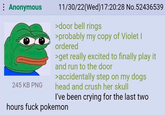 Anonymous 245 KB PNG 11/30/22(Wed)17:20:28 No.52436539 >door bell rings >probably my copy of Violet I ordered >get really excited to finally play it and run to the door >accidentally step on my dogs head and crush her skull I've been crying for the last two hours f--- pokemon