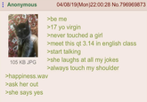 Anonymous 105 KB JPG >happiness.wav >ask her out >she says yes 04/08/19(Mon)22:00:28 No.796969873 >be me >17 yo virgin >never touched a girl >meet this qt 3.14 in english class >start talking >she laughs at all my jokes >always touch my shoulder