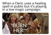 When a Cleric uses a healing spell in public but it's playing in a low magic campaign. "BURN HER!"