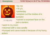 Anonymous 111 KB JPG 10/06/18 (Sat)14:36:07 No.781663684 >be me >18 y/o >yesterday >emptied out the insides of a pumpkin >carved a surprised face on the jack-o-lantern >went to my room >returned with a wax candle >humped and came inside it because of my horny autism