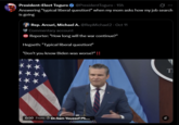 President-Elect Toguro ❤ @PresidentToguro - 15h 0 Answering "typical liberal question!" when my mom asks how my job search is going Rep. Arcuri, Michael A. @RepMichael2 - Oct 11 Commentary account Reporter: "How long will the war continue?" Hegseth: "Typical liberal question!" "Don't you know Biden was worse?" !! 0:50 From Dr.Sam Youssef Ph.... T א