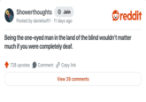 Showerthoughts + Join reddit Posted by danielsoft1 · 11 days ago Being the one-eyed man in the land of the blind wouldn't matter much if you were completely deaf. 728 upvotes Comment Copy link View 39 comments