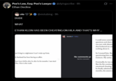Poe's Law, Esq: Poe's Lawyer @dyingscribe - 8h Ethan Decline vio @viotubing. 9h DUDE WHAT ETHAN KLEIN HAS BEEN CHEATING ON HILA AND THAT'S WHY ... am living in a nightmare I can't wake up from. My husband has been having an affair. have been fed lie after lie after lie for months. I am tired flies. Here is the truth. kleinhila. Follow .. No comments ye Start the conversation. I could sense someth questions and share was met with dismiss that bothered me com nothing about it. So I trusted him. Bed questioning him and instincts. My sanity. Eventually, he was ca But the lies continue emotional cheating." he finally admitted h months, the extent o