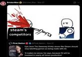 BrickerMan @Bricker Man - Nov 27 steam's competitors Pirat Nation STEA @Pirat Nation Nov 27 Epic boss Tim Sweeney thinks stores like Steam should stop labelling games as being made with Al: 'It makes no sense,' he says, because 'Al will be involved in nearly all future production'