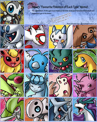 As"Favourite Pokémon of Each Type" Memel The explanation of this quiz is as simple as the title: draw your favourite Pokémon of each elemental type in the boxes DO NOT COPY, USE, EDIT ETC or Amiell kill you >x Meme created by Aqua-aquamizukoadeviantart.com DRAGON FIGHT GHOST NORHAL POISON PSWGHC ROCK HATER