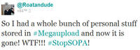 @Roatandude +84 TM So I had a whole bunch of personal stuff stored in #Megaupload and now it is gone! W--!! #StopSOPA!