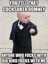 YOUTELL THAT COCKSUKERROMNEY ANYONE WHO FUCKSWITH BIGBIRD F---- WITHME