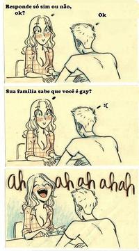 Translation:
•Only yes or no questions, ok?
•Ok.
•Does your family know you're gay?