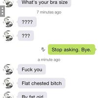 What's your bra size 7 minutes ago Stop asking. Bye. a minute ago F--- you Flat chested bitch Tat ir