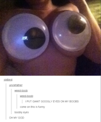 Image on it's own: http://sierraseybold.com/image/102069625631 Semi-Source: http://sierraseybold.com/post/102069625631/weed-boob-weed-boob-i-put-giant-googly-eyes (Warning. Nsfw Blog.)