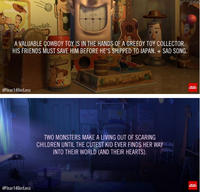 AR DY A VALUABLE COWBOY TOY IS IN THE HANDS OF A GREEDY TOY COLLECTOR. HIS FRIENDS MUST SAVE HIM BEFORE HE'S SHIPPED TO JAPAN. SAD SONG. Pixar140orless TWO MONSTERS MAKE A LIVING OUT OF SCARING CHILDREN UNTIL THE CUTEST KID EVER FINDS HER WAY INTO THEIR WORLD (AND THEIR HEARTS). Pixar140orless