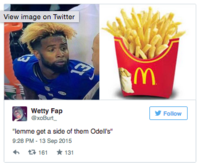 View image on Twitter Wetty Fap @xoBurt Follow lemme get a side of them Odell's" 9:28 PM-13 Sep 2015 다161 ★131