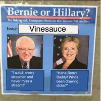 Bernie or Hillary? Be infoyned. Compare them on the issues that matter Issue:Vinesauce "I watch every streamer and never miss a stream!" "Haha Bonzi Buddy! Whos been drawing d----?"